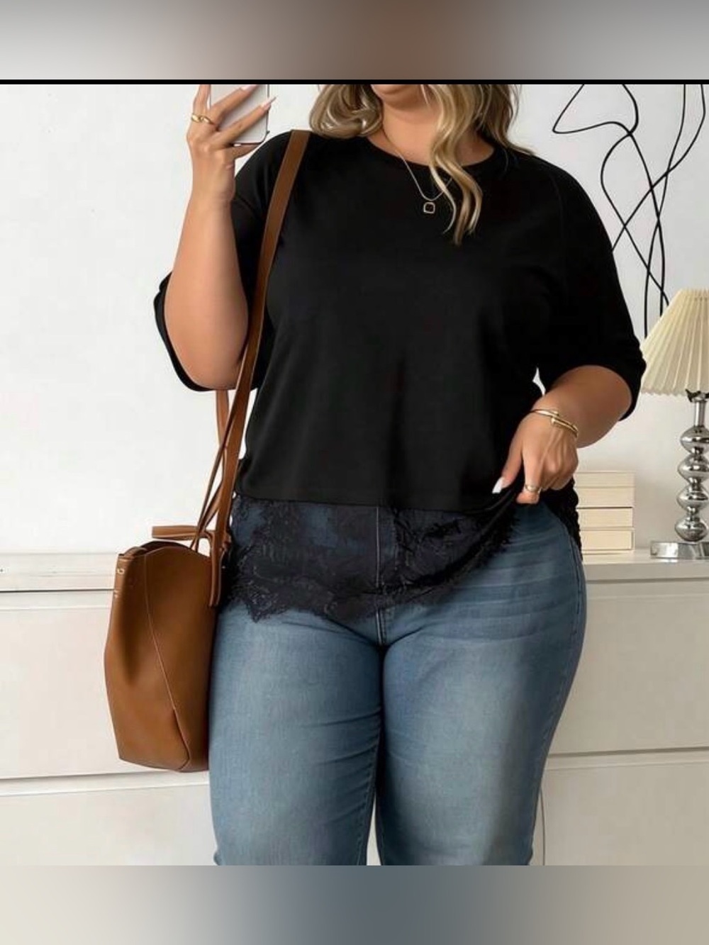 SHEINCurve+ Black Short Sleeve Top with Lace Hem